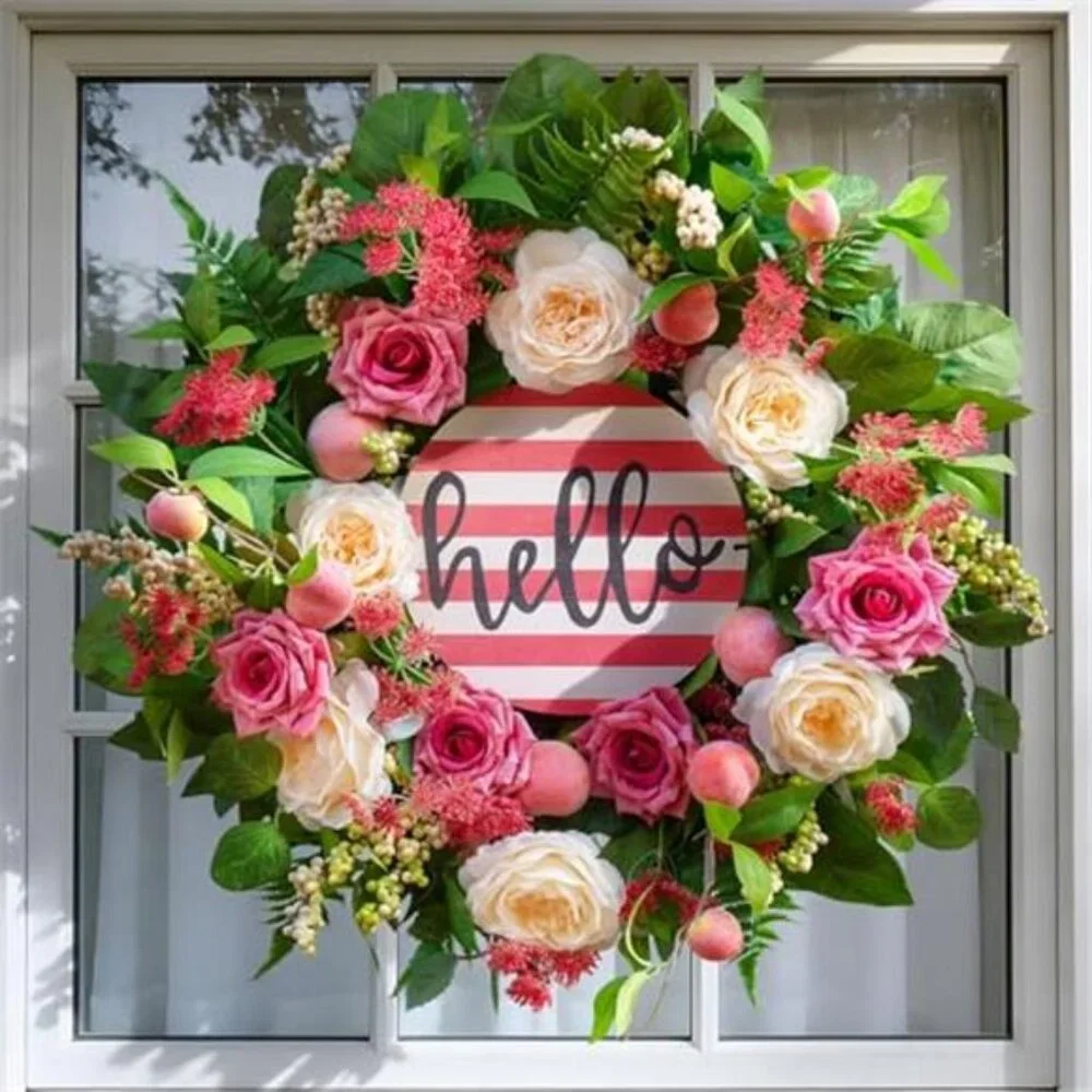 Spring Wreath Peony & Rose Floral Summer Wreath with Pink Peach, 24 Inch